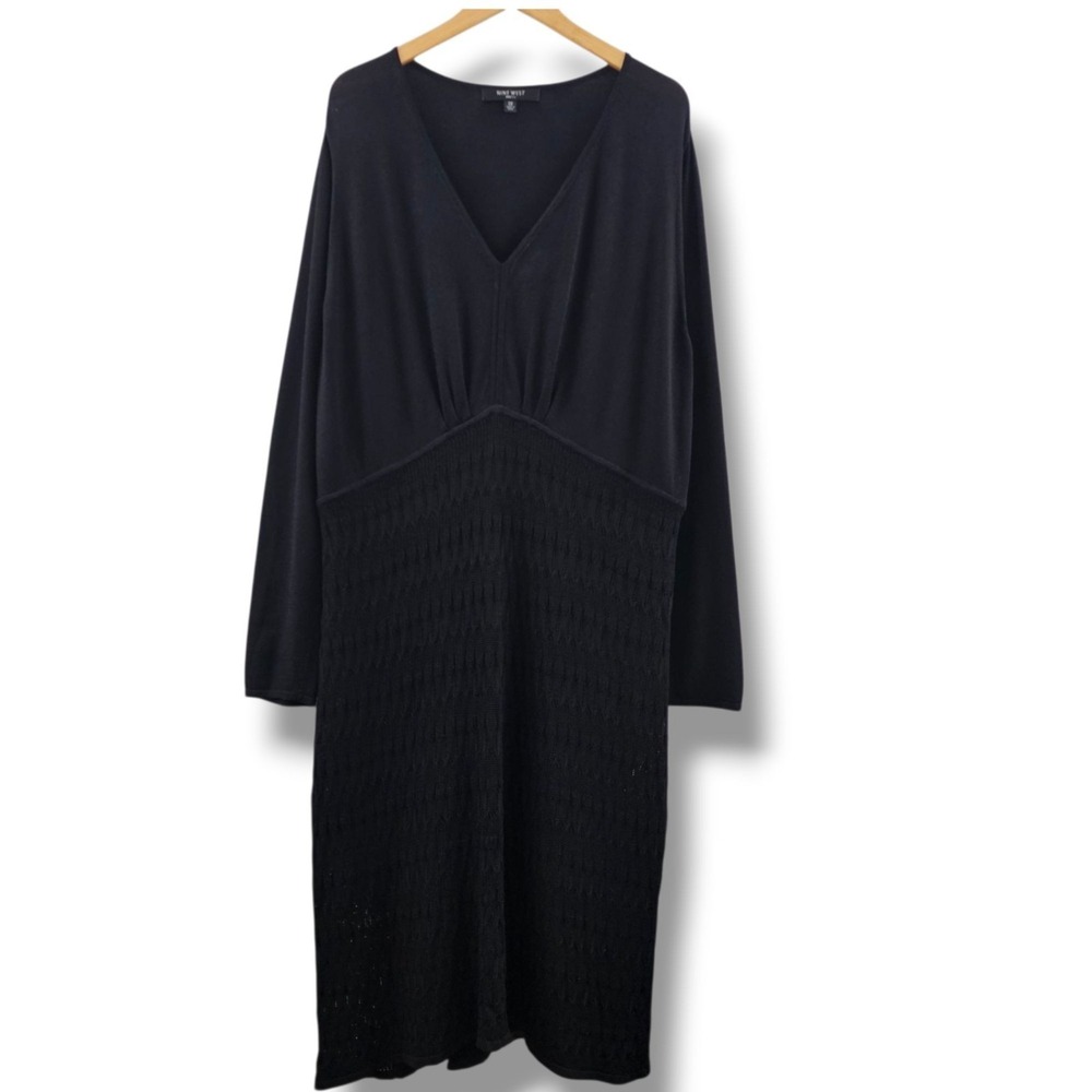 Nine West Black Knit Dress 3X V-Neck Long Sleeve Lightweight Sweater Lined